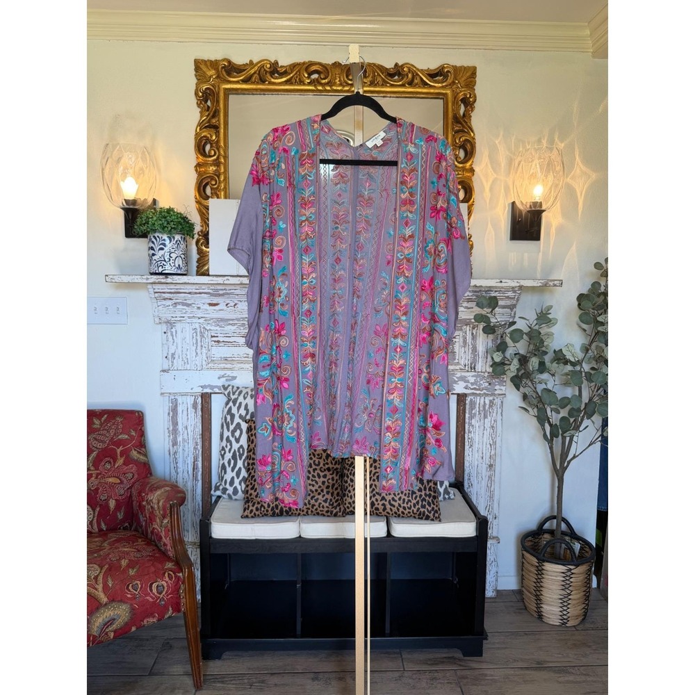 Umgee Boho Embroidered Kimono Cardigan Purple Floral Open Front G1299 SM